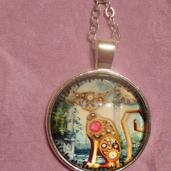 Steampunk Style Cabochon CAT Pendant Necklace with Chain (F36) - Picture 5 of 5